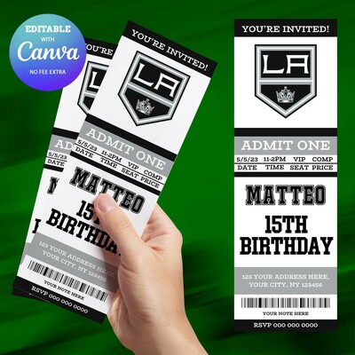 Los angeles kings birthday invitation, hockey birthday invitation canva editable