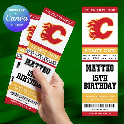 Calgary flames birthday invitation, hockey birthday invitation canva editable