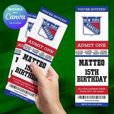 New york rangers birthday invitation, hockey birthday invitation canva editable