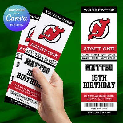 New jersey devils birthday invitation, hockey birthday invitation canva editable
