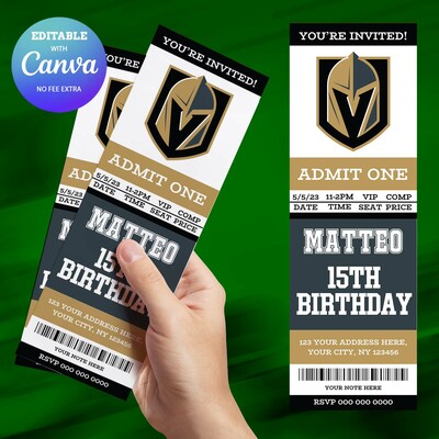 Vegas golden knights birthday invitation, hockey birthday invitation canva editable