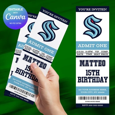 Seattle kraken birthday invitation, hockey birthday invitation canva editable