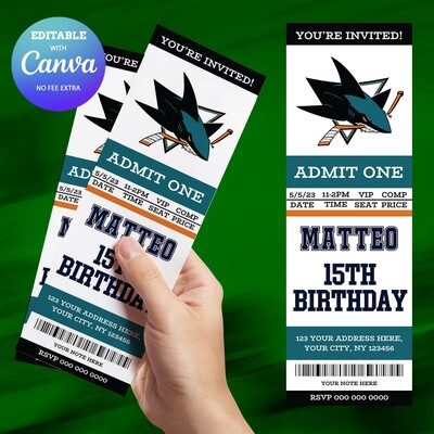 San jose sharks birthday invitation, hockey birthday invitation canva editable