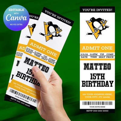 Pittsburgh penguins birthday invitation, hockey birthday invitation canva editable
