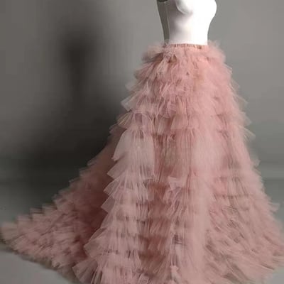 Pink fluffy layered tulle skirt women custom plus size party prom skirt pink wedding tulle maxi skirt puffy pink tutu  - Thumbnail 1