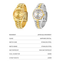 Mens golden watch 36mm case Miyota automatic mechanical 5BAR calendar business wristwatch C8223 - Thumbnail 4