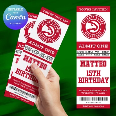 Atlanta hawks birthday invitation, hockey birthday invitation canva editable