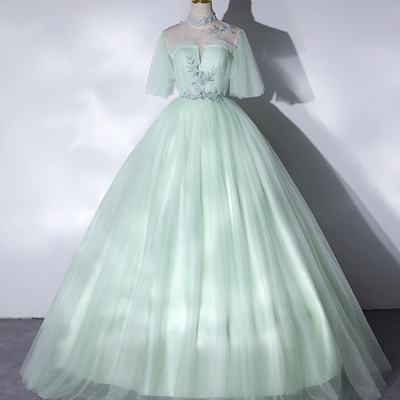 Green tulle lace long a-line ball gown - Thumbnail 2