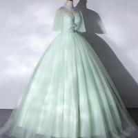 Green Tulle Lace Long A-Line Ball Gown - Thumbnail 1
