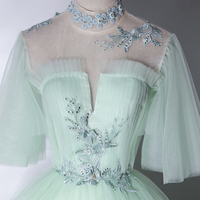 Green Tulle Lace Long A-Line Ball Gown - Thumbnail 3