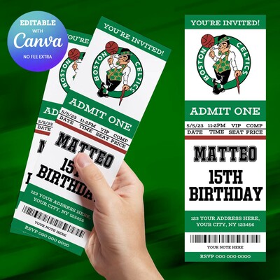 Boston celtics birthday invitation, hockey birthday invitation canva editable