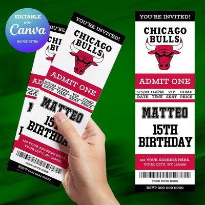 Chicago bulls birthday invitation, basketball ticket birthday invitation canva editable