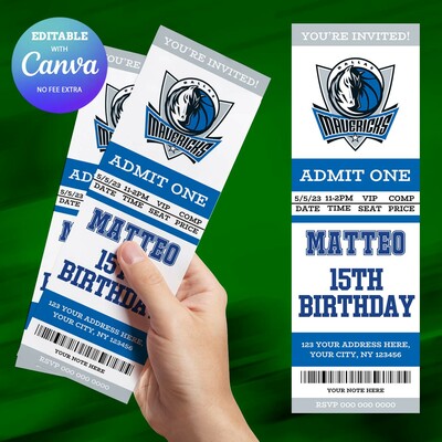 Dallas Mavericks Birthday Invitation, Basketball Ticket Birthday Invitation Canva Editable