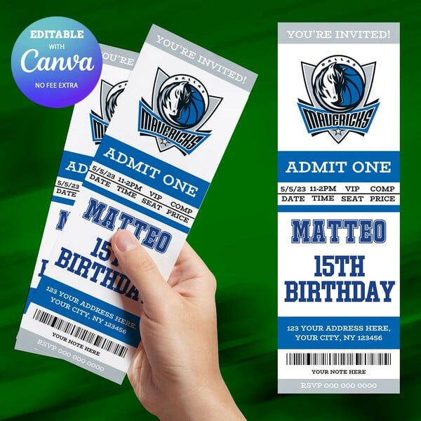 Dallas Mavericks Birthday Invitation, Basketball Ticket Birthday Invitation Canva Editable