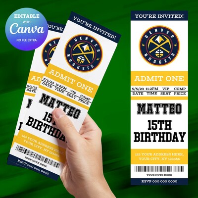 Denver Nuggets Birthday Invitation, Basketball Ticket Birthday Invitation Canva Editable