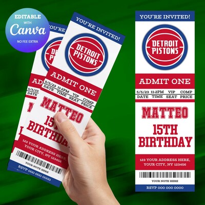 Detroit Pistons Birthday Invitation, Basketball Ticket Birthday Invitation Canva Editable