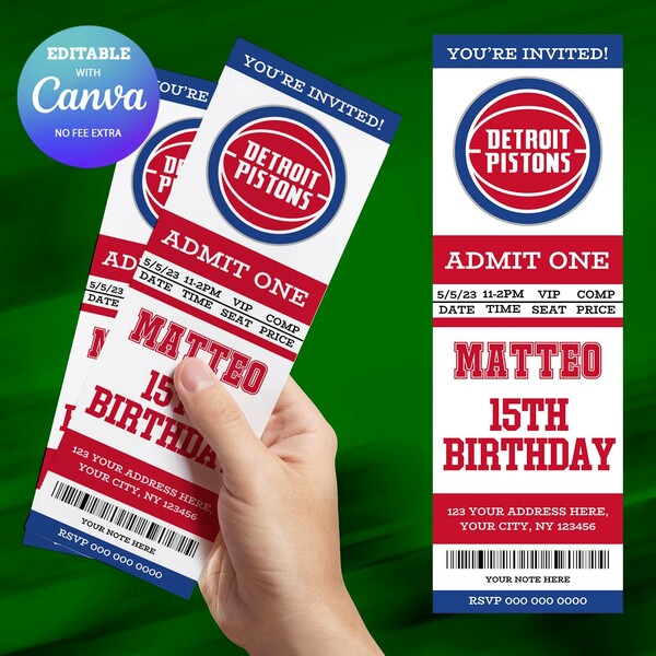 Detroit Pistons Birthday Invitation, Basketball Ticket Birthday Invitation Canva Editable