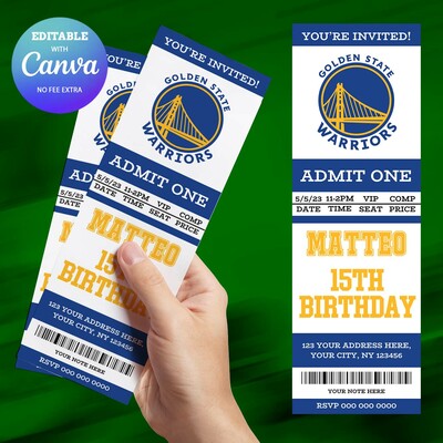 Golden State Warriors Birthday Invitation, Basketball Ticket Birthday Invitation Canva Editable
