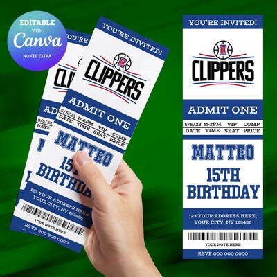 La clippers birthday invitation, basketball ticket birthday invitation canva editable
