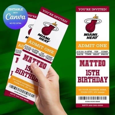 Miami Heat Birthday Invitation, Basketball Ticket Birthday Invitation Canva Editable