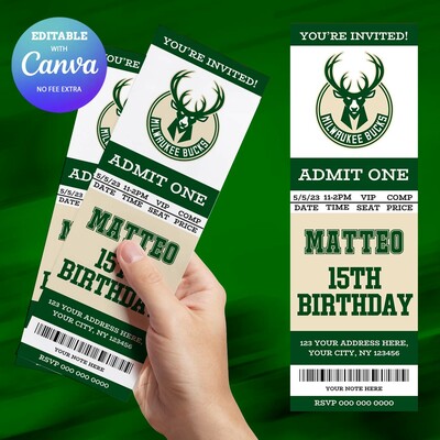 Milwaukee bucks birthday invitation, basketball ticket birthday invitation canva editable