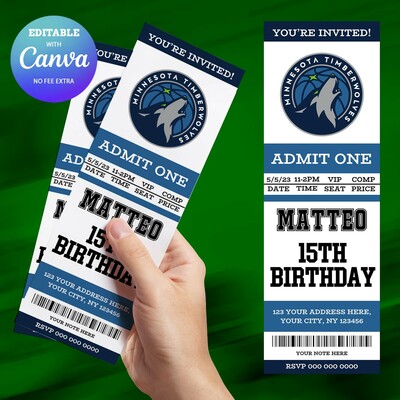 Minnesota timberwolves birthday invitation, basketball ticket birthday invitation canva editable - Thumbnail 2
