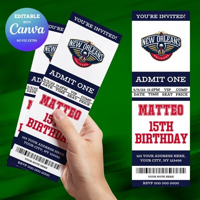 New orleans pelicans birthday invitation, basketball ticket birthday invitation canva editable