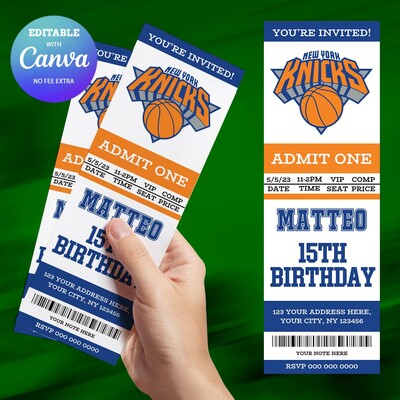 New york knicks birthday invitation, basketball ticket birthday invitation canva editable