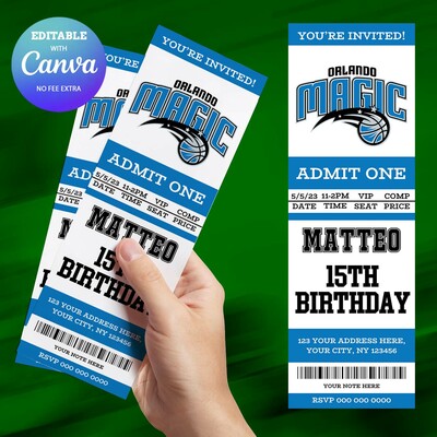 Orlando Magic Birthday Invitation, Basketball Ticket Birthday Invitation Canva Editable