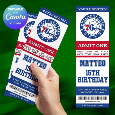 Philadelphia 76ers birthday invitation, basketball ticket birthday invitation canva editable