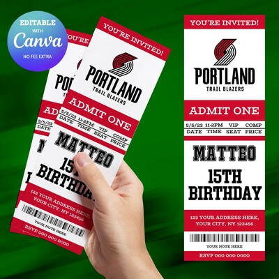 Portland Trail Blazers Birthday Invitation, Basketball Ticket Birthday Invitation Canva Editable