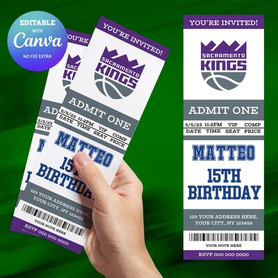 Sacramento Kings Birthday Invitation, Basketball Ticket Birthday Invitation Canva Editable