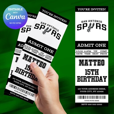 San antonio spurs birthday invitation, basketball ticket birthday invitation canva editable