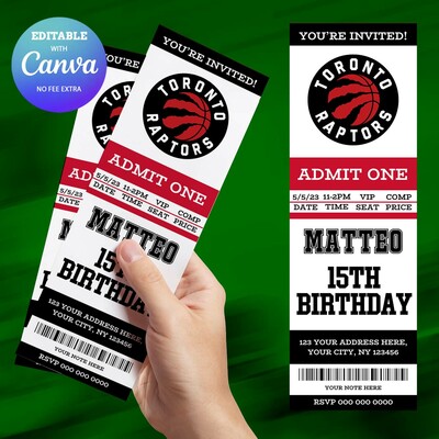 Toronto Raptors Birthday Invitation, Basketball Ticket Birthday Invitation Canva Editable