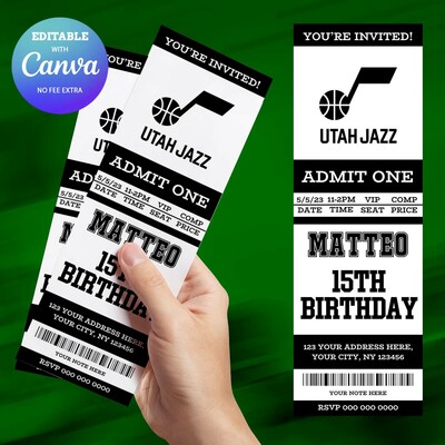 Utah jazz birthday invitation, basketball ticket birthday invitation canva editable
