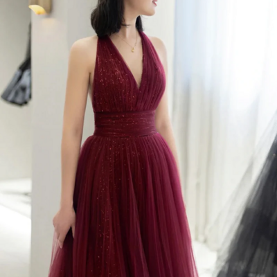 Burgundy tulle long a line prom dress, v neck backless evening party dress kpp1683