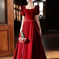 Burgundy Velvet Long A Line Prom Dress, A Line Short Sleeve Evening Party Dress KPP1684 - Thumbnail 1