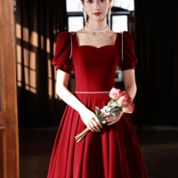 Burgundy Velvet Long A Line Prom Dress, A Line Short Sleeve Evening Party Dress KPP1684 - Thumbnail 2