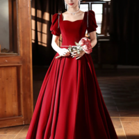 Burgundy Velvet Long A Line Prom Dress, A Line Short Sleeve Evening Party Dress KPP1684 - Thumbnail 3