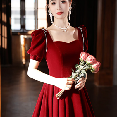 Burgundy velvet long a line prom dress, a line short sleeve evening party dress kpp1684