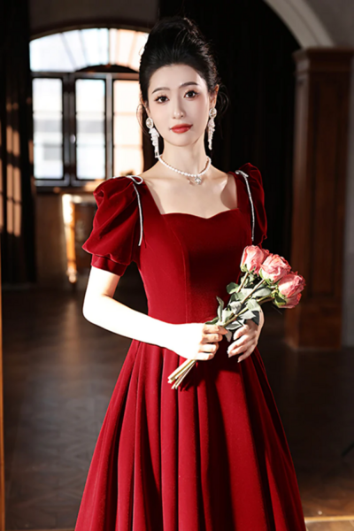 Burgundy Velvet Long A Line Prom Dress, A Line Short Sleeve Evening Party Dress KPP1684