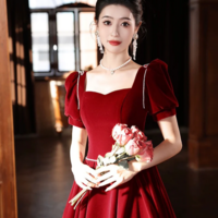 Burgundy Velvet Long A Line Prom Dress, A Line Short Sleeve Evening Party Dress KPP1684 - Thumbnail 4