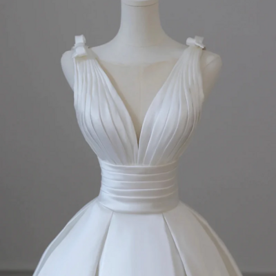 A line v neck satin wedding dress, white satin bridal gown with bow kpp1685