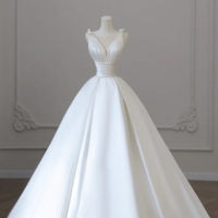 A Line V Neck Satin Wedding Dress, White Satin Bridal Gown with Bow KPP1685 - Thumbnail 1