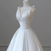 A Line V Neck Satin Wedding Dress, White Satin Bridal Gown with Bow KPP1685 - Thumbnail 3