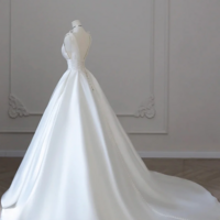 A Line V Neck Satin Wedding Dress, White Satin Bridal Gown with Bow KPP1685 - Thumbnail 4