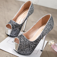 Fashionable sequin gradient color trendy sexy fish mouth stiletto platform high heels  - Thumbnail 1