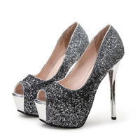 Fashionable sequin gradient color trendy sexy fish mouth stiletto platform high heels  - Thumbnail 2