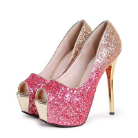 Fashionable sequin gradient color trendy sexy fish mouth stiletto platform high heels  - Thumbnail 3
