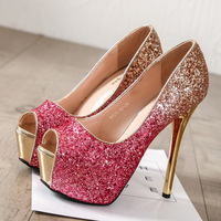 Fashionable sequin gradient color trendy sexy fish mouth stiletto platform high heels  - Thumbnail 4